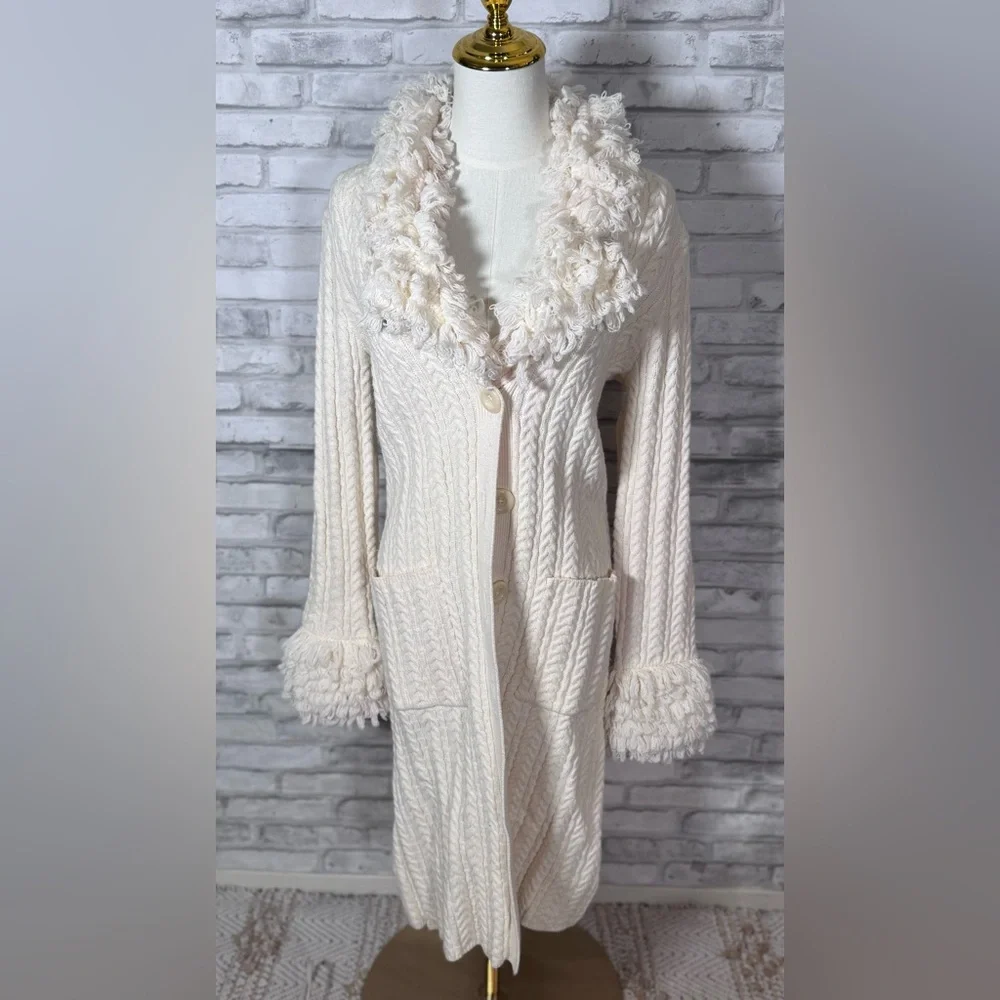 Vintage Nine West Cream Cable Knit Long Crochet Cardigan with Fringe Trim